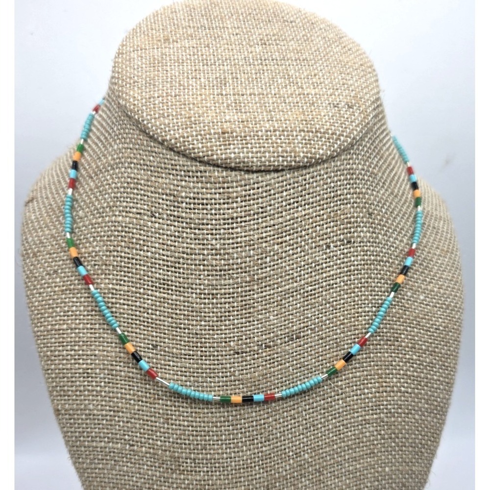 Sleeping Beauty Turquoise Heishi Liquid Silver Necklace Seed Bead Necklace 15.5"